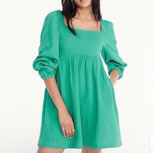 JCREW Square-neck Soft Gauze Long Sleeve Classic Green Short Dress